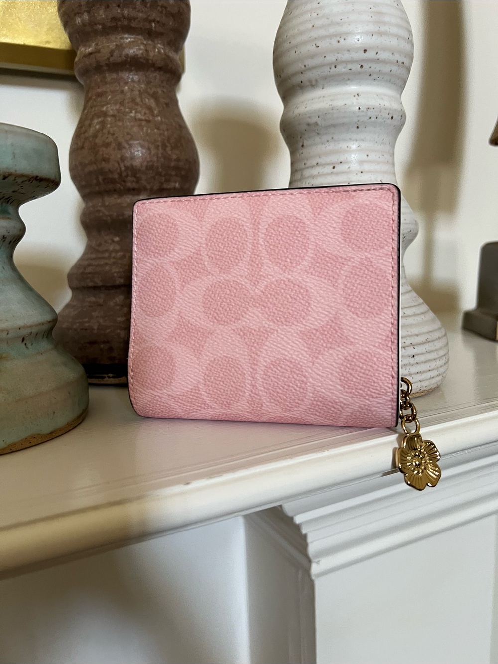 Coach Light Pink Signature Compact Wallet with Gold Hardware and Charm - Picture 2 of 7